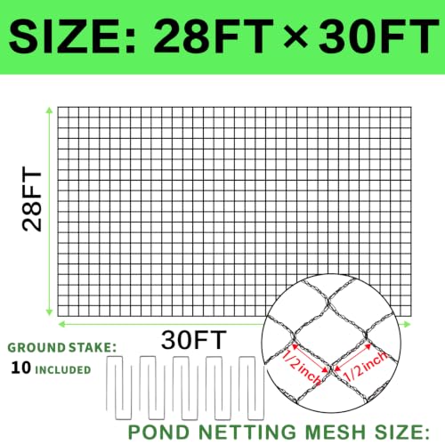 28x30ft Koi Pond Netting for Leaves, 1/2 in Mesh Netting Pond Cover Kit - size: 28FT*30FT