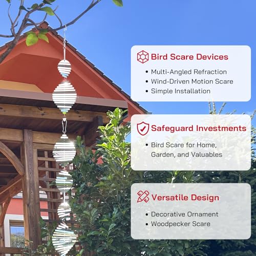 Factee Bird Deterrents for Outside, Reflective 3D Stainless Steel Wind Spinners, Garden Decor, Bird Scare Devices to Keep Woodpeckers, Pigeons Away from Your House, Patio, Orchards