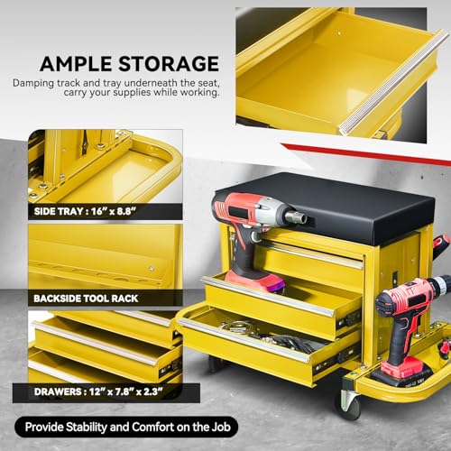 Auto Dynasty Mechanic Rolling Seat, 3-Drawer w/Tool Tray, 350LBS, Yellow - color: Yellow