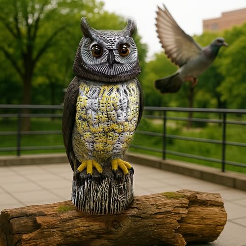 GIFTEXPRESS 1Pcs Solar Power Owl Decoy – 17" Motion Sensor Pest Repellent with Rotating Head, LED Eyes & Sound – Fake Horned Owl for Garden, Yard, Balcony, Farm, Patio, Roof, Lawn- Life Size