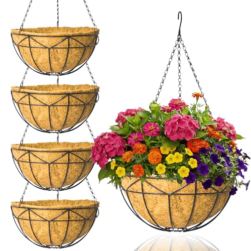 Unique Metal Iron Geometric Hanging Planter Set of 4 Stylish 12 Inch Extra Deep Coco Liner Breathable Heavy Duty Balcony Tree Hanging Basket Drop Weatherproof （Geometric Patterns） - color: Geometric