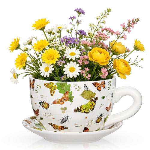 Ceramic Teacup Planter Pot with Saucer - 5.9 Inch Coffee Cup Shaped Plant Pot with Drainage Hole Butterfly Insect Pattern Flower Pots for Indoor Outdoor Plants Succulent Orchid Herb Home Garden Decor - color: Butterfly