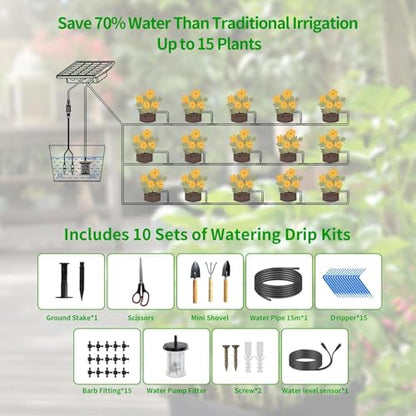 49FT Solar Drip Irrigation Kit, Digital Screen for 15 Pots - size: 49FT Digital Display Irrigation System-15 Pot