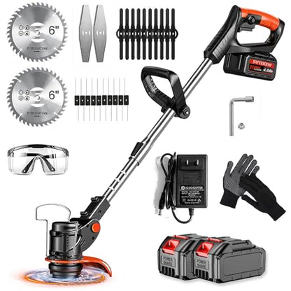 Weed Wacker Cordless, Electric Weed Eater & Lawn Edger - 21V Battery Powered Grass Trimmer 3-in-1 Stringless Grass Trimmer/Edger/Brush Cutter with 2×4.0Ah Batteries (Orange B)