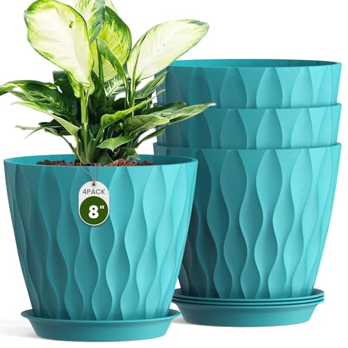 8 Inch Plant Pots 4 Pack Plastic Planters with Drainage & Saucers - color: Blue