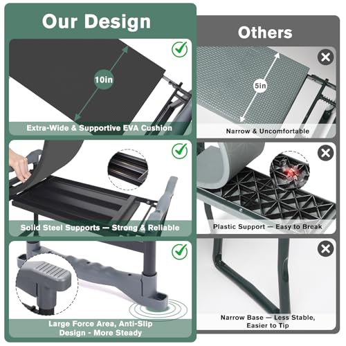Garden Kneeler and Seat - Extra Wide Thick EVA Pad, Heavy Duty Foldable Garden Bench Holds 350lbs, 2-in-1 Gardening Stool with Detachable Tool Bags, Gardening Gifts for Women, Men & Seniors - color: Black & Green