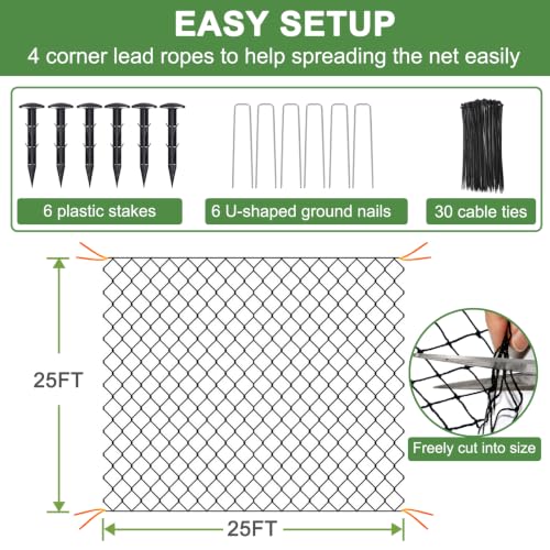 DQS Bird Netting 25' x 25' with 2.4" Mesh, Heavy Duty Nylon Garden Net - size: 2.4", 25' x25'