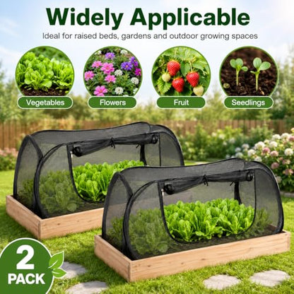 2PCS Pop Up Mesh Plant Covers for Raised Beds, Foldable Garden Bed Shade Cover（45 x 22 x 18 in）- 50% Sunblock Mesh Cover with Zipper Door & 16 Stakes for Vegetables Seedlings Herbs（Black）