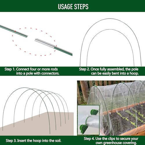 MAXPACE Greenhouse Hoops Kit, DIY 8ft Grow Tunnel, Fits Raised Garden Beds Up to 2.7ft Wide, 25 Pcs Rust-Proof Fiberglass Frame Support Rods for Row Cover, Shade Cloth, Frost Netting & Plant Stakes - size: S Pro+ (for Width: Less than 2.7')