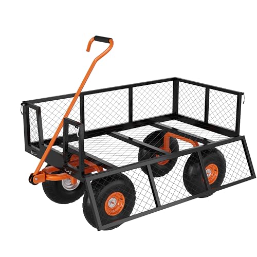 GarveeLife Heavy Duty Steel Garden Cart, 500 LBS Capacity 3 in 1 Pullable Garden Wagon with 10 in Wheels, for Gardening Soil, Tools, and Plant Transport - color: Black Orange, size: 500 lbs