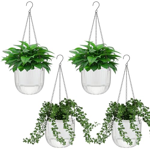 Meanplan 4 Pcs Self Watering Hanging Planter Indoor 6.5 Inch Hanging Baskets for Plants Outdoor Plastic Flower Pot with 3 Hooks Chains Drainage Holes for Garden Home, Medium Size(Clear) - color: Clear