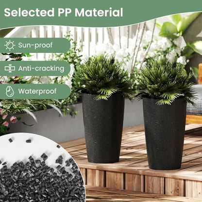 GIANTEX 21” Tall Round Plastic Planters Set of 2 w/Drainage System, Black - color: Black, size: 13"x13"x21"