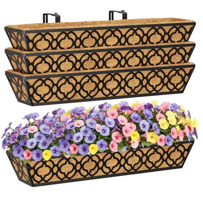 HFHOME 4 Pcs 30" Window Box Deck Railing Planter Box with Horse Trough Coco Liners, Black Metal Hanging Flower Planters Baskets for Indoor, Outdoor, Balcony, Porch, Fence, Patio, and Lawn - size: 30 Inch 4-Pack Flower-Pattern