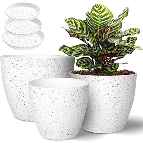 Vanavazon Plant Pots 9/8/7 Inch Set of 3 Flower Pots Indoor Outdoor Plastic Planters with Drainage Hole and Tray (Speckled White) - color: White