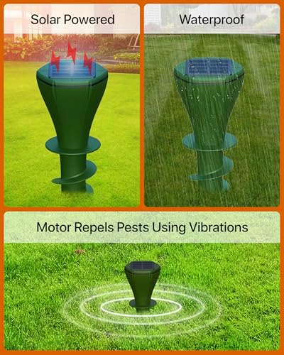 Solar Pest Repeller Stakes (4 Pack) – Outdoor Garden and Lawn Ground Stakes Rodent Deterrent for Moles, Gophers, Snakes and Burrowing Pests