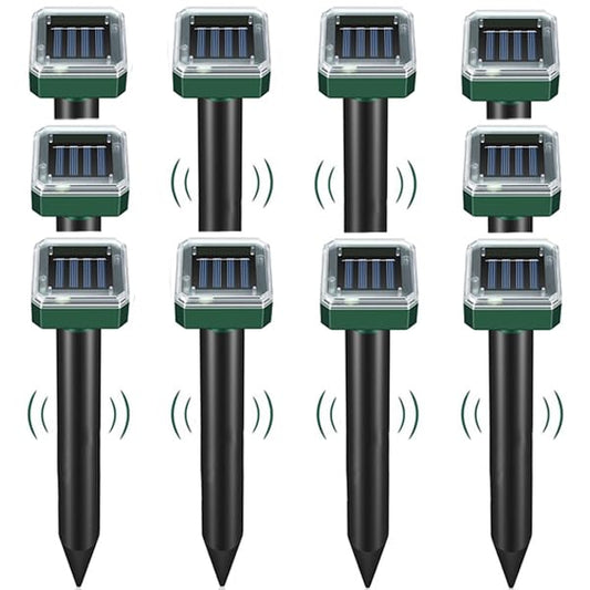 Solar Mole Repellent 10 Pack,Ultrasonic Gopher Vole & Snake Deterrent, Waterproof Sonic Spikes for Pest Control, Groundhog Chipmunk Rodent Repeller for Large Yard Lawn Garden & Grassland