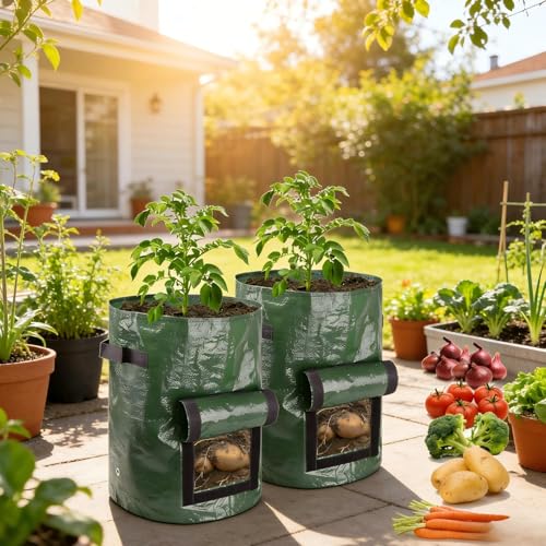 2 PCS PE Potato Grow Bags with Harvest Flap and Handles, Garden Planting Bags Vegetable Grow Containers for Onion Tomato Carrot(5gallons)