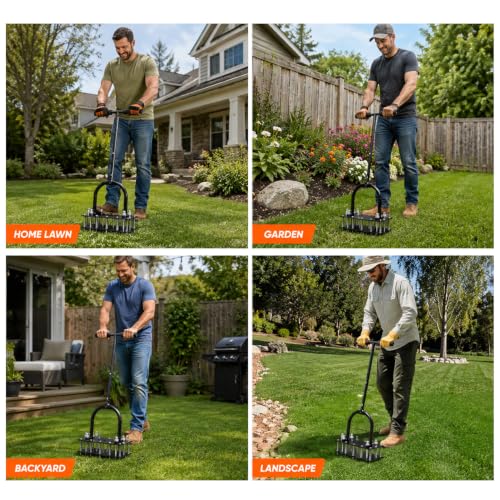 Lawn Aerator - 15 Iron Spikes Adjustable Height, Double-Layer Spring, Automatic Dirt and Leaf Clean Design, for Loosening Soil Aerating Patio, Yard, Garden (Black)