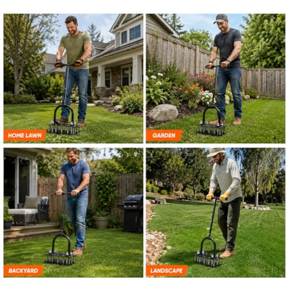 Lawn Aerator - 15 Iron Spikes Adjustable Height, Double-Layer Spring, Automatic Dirt and Leaf Clean Design, for Loosening Soil Aerating Patio, Yard, Garden (Black)