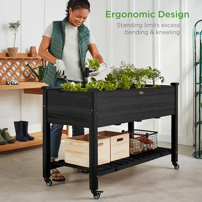 Best Choice Products Raised Garden Bed 48x24x32-inch Mobile Elevated Wood Planter w/Lockable Wheels, Storage Shelf, Protective Liner - Black - color: Black