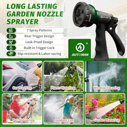 AUTOMAN Garden Hose Nozzle, Water Hose Sprayer Nozzle with 7 Adjustable Watering Patterns, Slip Resistant for Watering Plants, Lawn& Garden, Washing Cars, Cleaning, Showering Pets & Outdoor Fun. - color: Dark Green