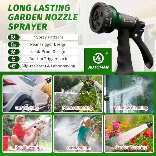 AUTOMAN Garden Hose Nozzle, Water Hose Sprayer Nozzle with 7 Adjustable Watering Patterns, Slip Resistant for Watering Plants, Lawn& Garden, Washing Cars, Cleaning, Showering Pets & Outdoor Fun. - color: Dark Green
