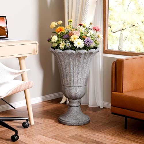 Tall Plastic Urn Planters and Pedestal - 24" Outdoor Planter Gray - color: Grey-petal