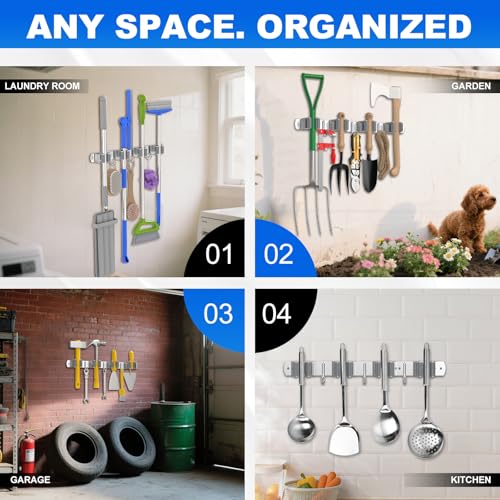 2 Pack Broom Holder Wall Mount Mop Organizer, 4 Racks 3 Hooks