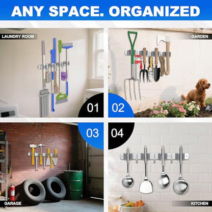 2 Pack Broom Holder Wall Mount Mop Organizer, 4 Racks 3 Hooks
