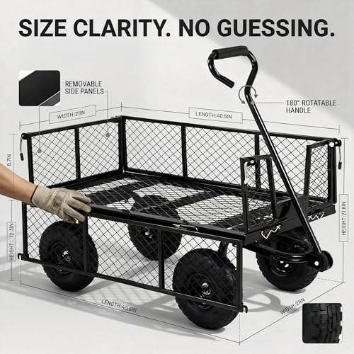 Finnhomy Heavy Duty 1000 Lbs Capacity Mesh Steel Garden Cart, Pullable Garden Wagons Carts on Wheels, Folding Utility Wagon with Removable Sides for Outdoor, Yard, Lawn, Black - color: Black