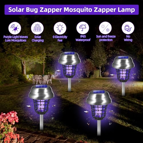 2026 Solar Bug Zapper Outdoor Waterproof Mosquito Repellent Outdoor Patio Mosquito Trap & Killer for Backyard, Garden, Farm, Solar Powered Fly Zapper for Small Flying Insect, Gnats, Flies, Moths(4)