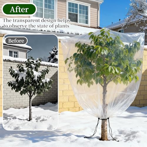 2 Pcs Winter Plant Covers Freeze Protection with Drawstring, 55.1"x78.7" Clear Plastic Film Shelter Bags, Waterproof Plant Frost Protection Covers for Outdoor Garden Shrubs Crops - size: 55.1"x78.7"