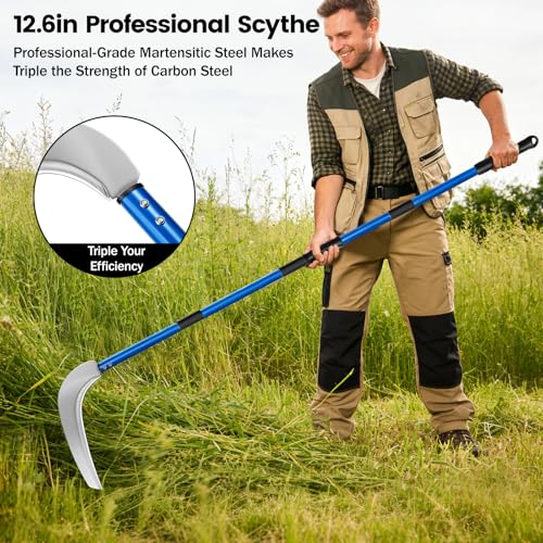 12.6'' Scythe Tool for Grass Cutting, 4 Stainless Steel Poles, Adjustable Dual-Hand Grip, Professional-Grade Blade, for Clearing Bushes, Vines, Fields, Ditches, Paths, Landscaping, Blue, 67in. - size: 12.6'' Scythe with 4 Poles