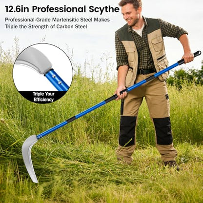 12.6'' Scythe Tool for Grass Cutting, 4 Stainless Steel Poles, Adjustable Dual-Hand Grip, Professional-Grade Blade, for Clearing Bushes, Vines, Fields, Ditches, Paths, Landscaping, Blue, 67in. - size: 12.6'' Scythe with 4 Poles