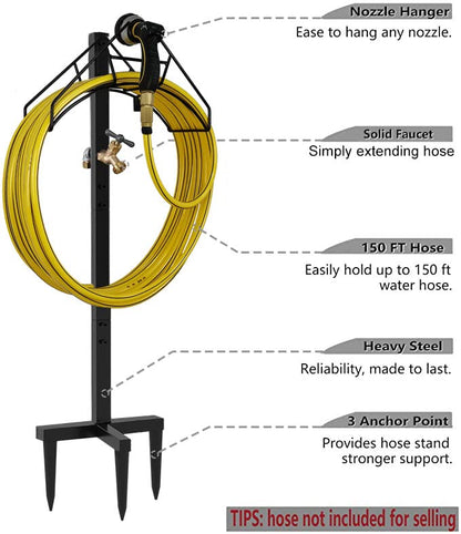 Artigarden Freestanding Outdoor Garden Hose Holder Stand with Brass Faucet, Heavy Duty Metal Water Hose Reel Storage Stake Rack for Backyard, Black (Hose not Included) - color: Nozzle with Faucet