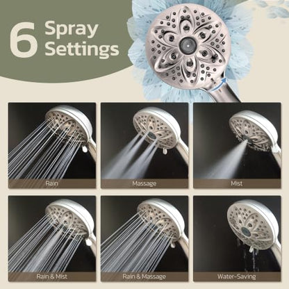 JDO Handheld Shower Head, 6 Spray Settings, Brushed Nickel Finish - color: Brushed Nickel, style: 6 Modes