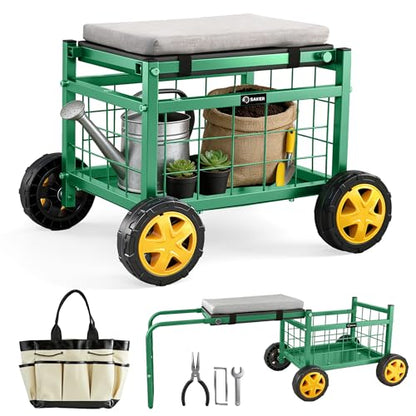 Saker Rolling Garden Cart with Seat & Wheels 15.7" EVA Padded Stool 500lb - size: Luxury Version