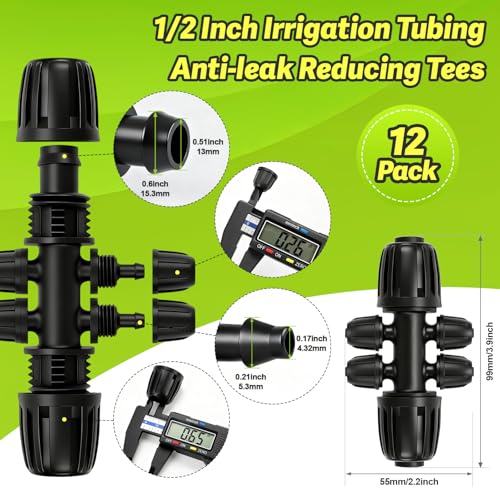 12 Pcs 1/2 Inch to 1/4 Inch Irrigation Tubing Fittings, 1/2"(1/2" ID x 0.65" OD) to 1/4" Drip Barbed Tee Adapter 16mm Anti-Drop Locked Nut T Reducer to 1/4" Distribution Line Connector - size: 1/2" To 1/4" Tee-6Way