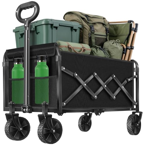 Collapsible Wagons Carts Foldable Wagon, Foldable Wagon Cart with Wheels, Folding Wagons for Beach Camp Sports Garden, 2 Cup Holders/Lightweight Portable/Black/280 LBS - color: Black_280lbs