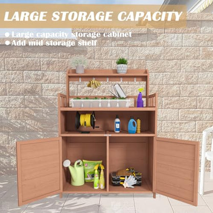 Outdoor Potting Bench Table, Wooden Gardening Table with Storage Cabinet and Shelves, Garden Table Work Bench with Top Shelf and 5 Hooks, Planting Workstation for Garden, Patio, Backyard