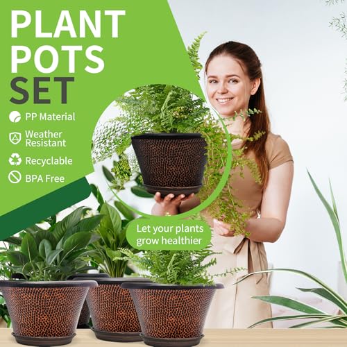 Quarut 12 Inch Pots for Plants,4 Pack Large Flower Pots with Drainage Hole - color: Diamond Pattern-brown, size: 12 inch-4 Pack