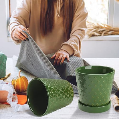 EFISPSS Ceramic Plant Pots, 5 Inch Planters with Drainage Holes and Ceramic Tray, Relief Design Flower Planter, Desktop Office Windowsill Decoration Gift Set of 4 - Blackish Green - color: Blackish Green