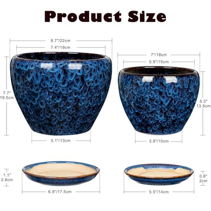 Hollyone 9+7 Inch Ceramic Planter Set of 2 Blue Ceramic Plant Pot for Plants Flowers with Drainage Hole and Saucers Ceramic Glaze Round Plant Pot Indoor Outdoor Large Succulent Orchid Flower Pot - size: 7 and 9 Inch (Set of 2)