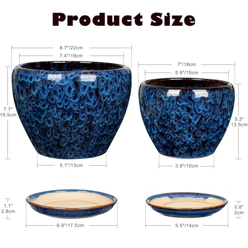 Hollyone 9+7 Inch Ceramic Planter Set of 2 Blue Ceramic Plant Pot for Plants Flowers with Drainage Hole and Saucers Ceramic Glaze Round Plant Pot Indoor Outdoor Large Succulent Orchid Flower Pot - size: 7 and 9 Inch (Set of 2)