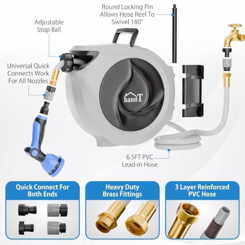 USA Based Retractable Garden Hose Reel, 1/2 in x 100 ft Quick Connect 10-Pattern Sprayer, Wall Mounted Auto Self Retracting Water Hose Reels, UV Resistant Automatic Rewind 180° Mount | Gray - size: 1/2" 100FT