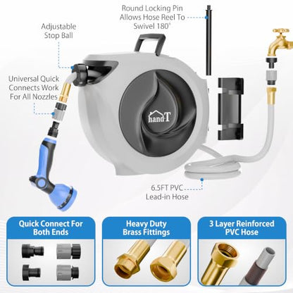 USA Based Retractable Garden Hose Reel, 1/2 in x 100 ft Quick Connect 10-Pattern Sprayer, Wall Mounted Auto Self Retracting Water Hose Reels, UV Resistant Automatic Rewind 180° Mount | Gray - size: 1/2" 100FT