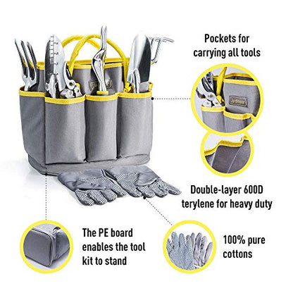 Jardineer Garden Tools Set, 8PCS Heavy Duty Garden Tool Kit with Outdoor Hand Tools, Garden Gloves and Storage Tote Bag, Gardening Tools Gifts for Women and Men