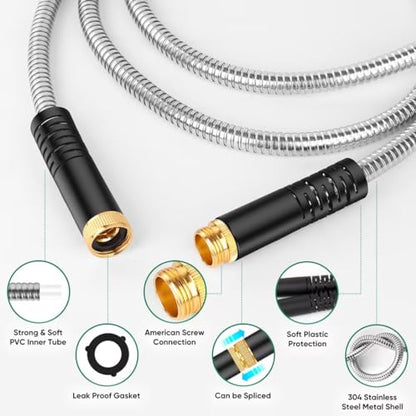 Kebose Garden Hose 50FT, Stainless Steel Hose with 10 Functional Nozzles - color: Silver, size: 50ft