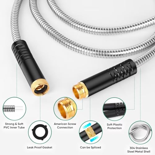 Kebose Garden Hose 100FT, Stainless Steel Hose with 10 Functional Nozzles - color: Silver, size: 100ft