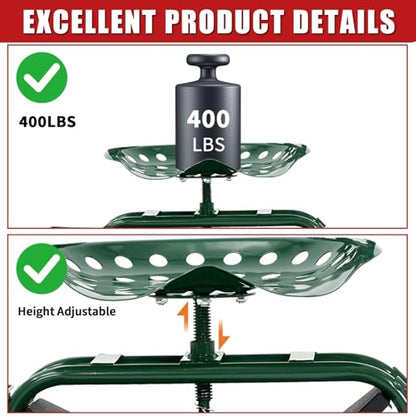 Rolling Garden Cart with Seat, Garden Workseat with 360-Degree Swivel - color: Green